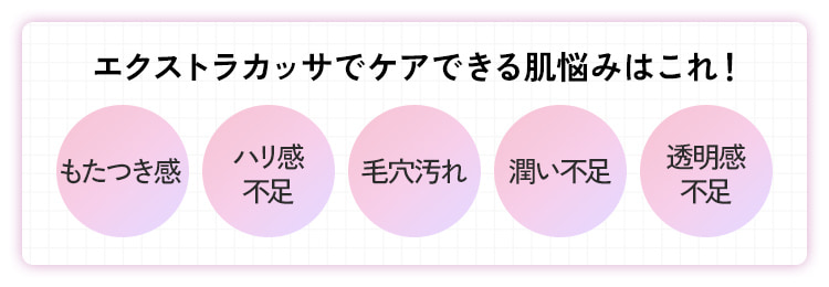 ケアできる肌悩み：もたつき感・ハリ感不足・毛穴汚れ・潤い不足・透明感不足